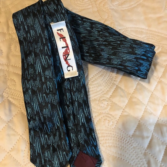 Vintage skinny teal necktie by Fling beautiful abstract retro design Made in USA - Picture 8 of 12